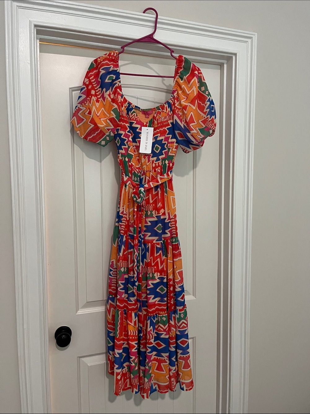Flying Tomato Multi-Color Geometric Puff-Sleeve Maxi Dress